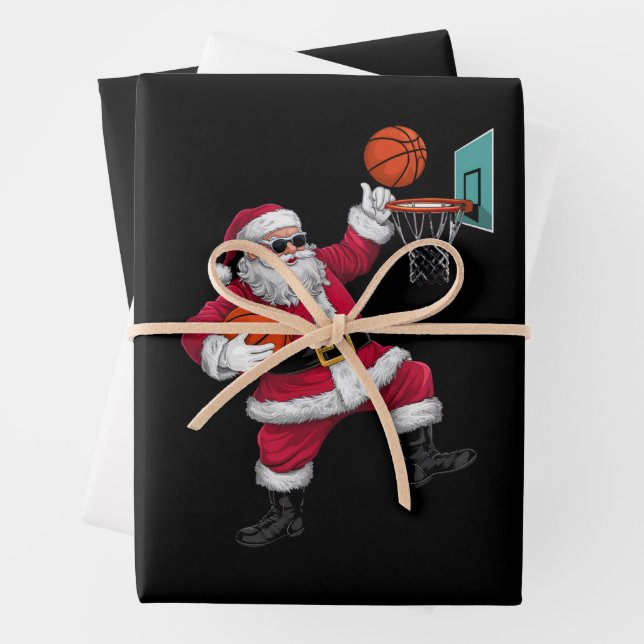 Christmas Santa Claus Dunking A Basketball Xmas Wrapping Paper Sheets (In situ)