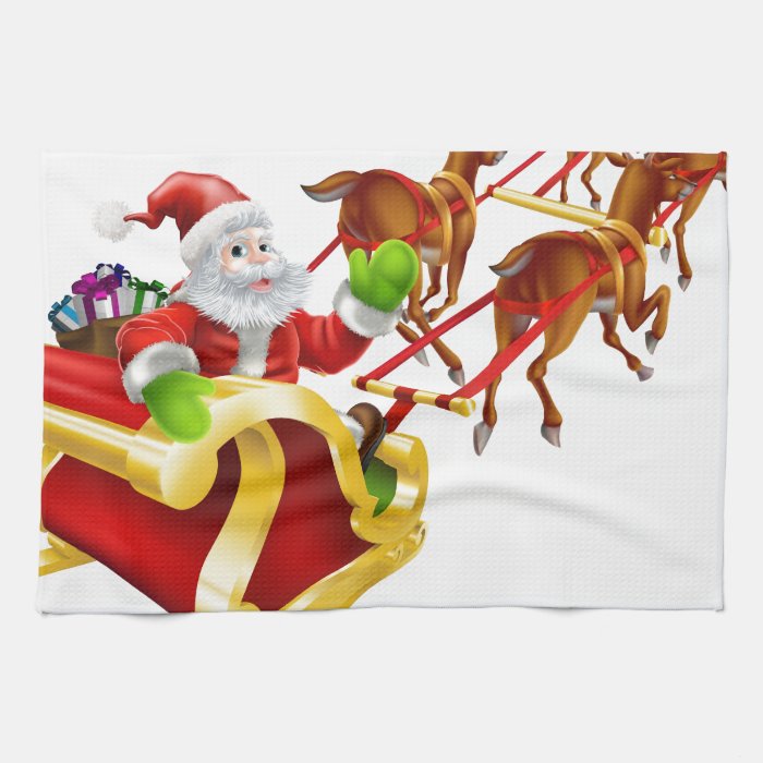 Christmas Santa Claus flying in sleigh Hand Towels