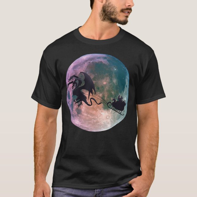 Christmas Santa Claus Flying Past the Moon With Dr T-Shirt (Front)