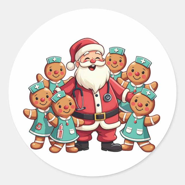 Christmas Santa Claus Gingerbread Nurses  Classic Round Sticker (Front)