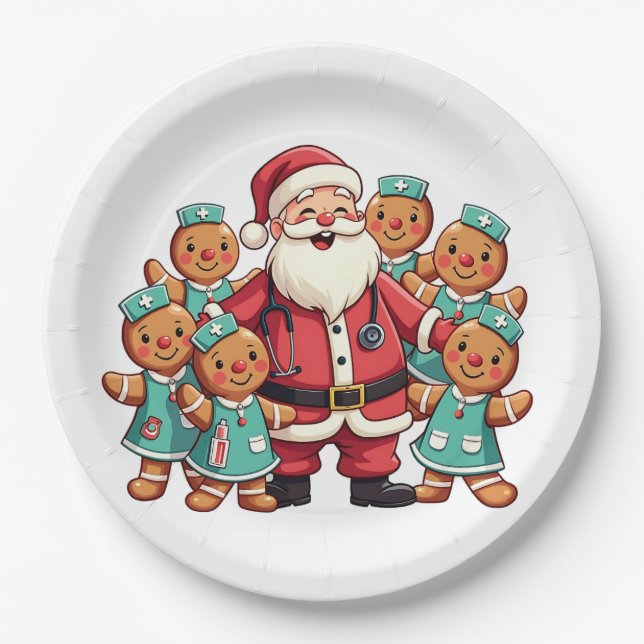 Christmas Santa Claus Gingerbread Nurses  Paper Plates (Front)