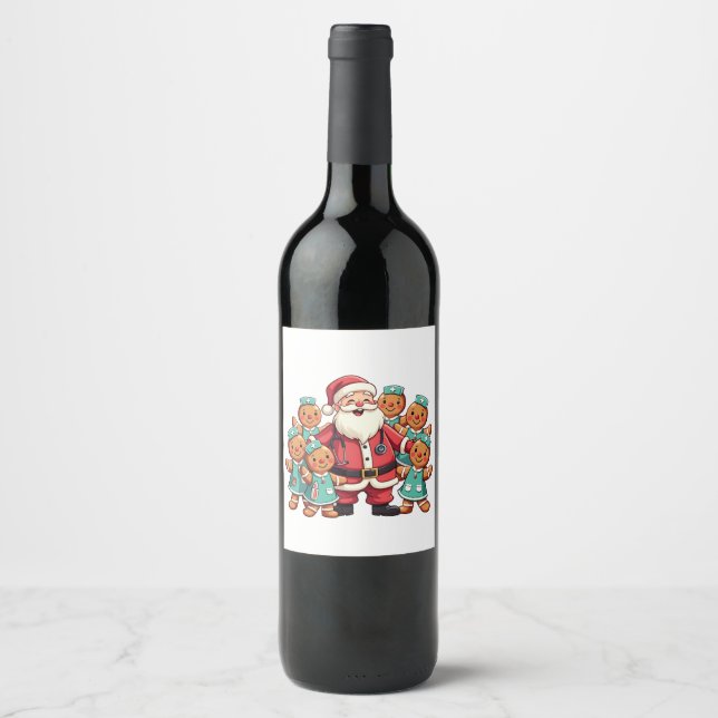 Christmas Santa Claus Gingerbread Nurses  Wine Label (Front)