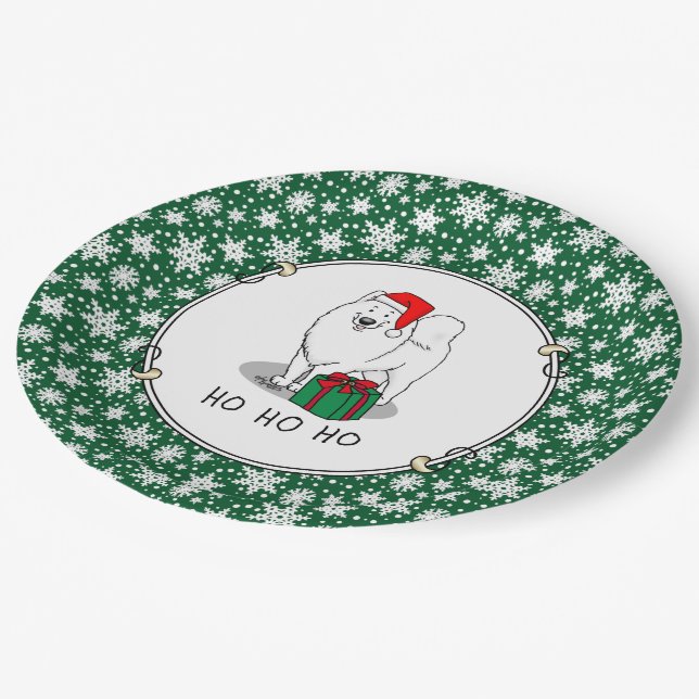 Christmas Santa Claus Hat Samoyed Dog Cute Paper Plates (Angled)
