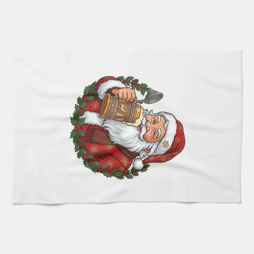 Christmas Santa Claus Holding Beer Glass Kitchen Towel