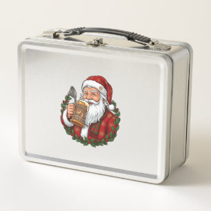 Christmas Santa Claus Holding Beer Glass Metal Lunch Box