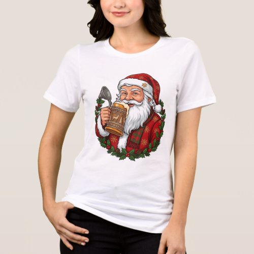 Christmas Santa Claus Holding Beer Glass Tri-Blend Shirt