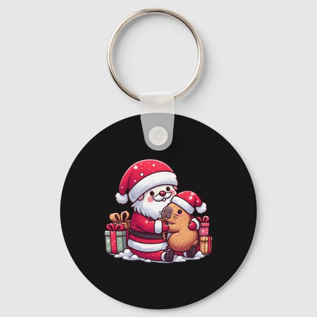 Christmas Santa Claus Hugging Cute Capybara With S Keychain (Front)
