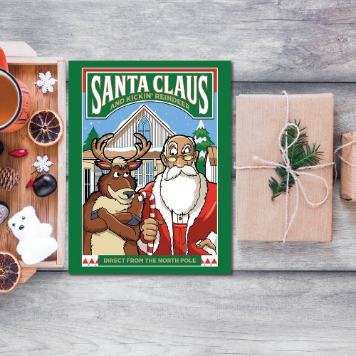 Christmas Santa Claus  Kickin Reindeer Snowing Card
