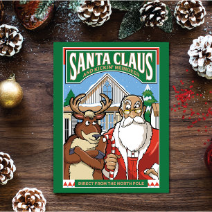 Christmas Santa Claus & Kickin' Reindeer Snowing Holiday Card