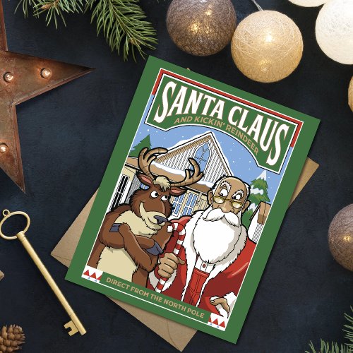Christmas Santa Claus  Kickin Reindeer Snowing Holiday Card