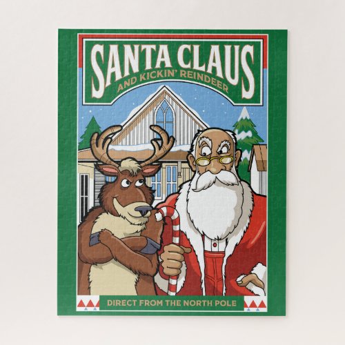 Christmas Santa Claus  Kickin Reindeer Snowing Jigsaw Puzzle