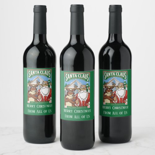 Christmas Santa Claus  Kickin Reindeer Snowing Wine Label