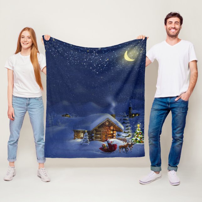 Christmas Santa Claus Log Cabin Winter Fleece Blanket (In Situ)