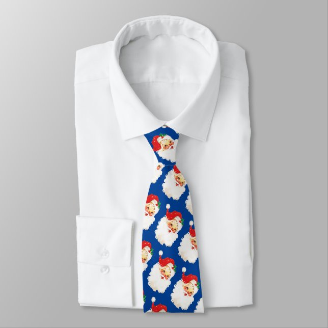 Christmas Santa Claus Pattern on Blue Neck Tie (Tied)