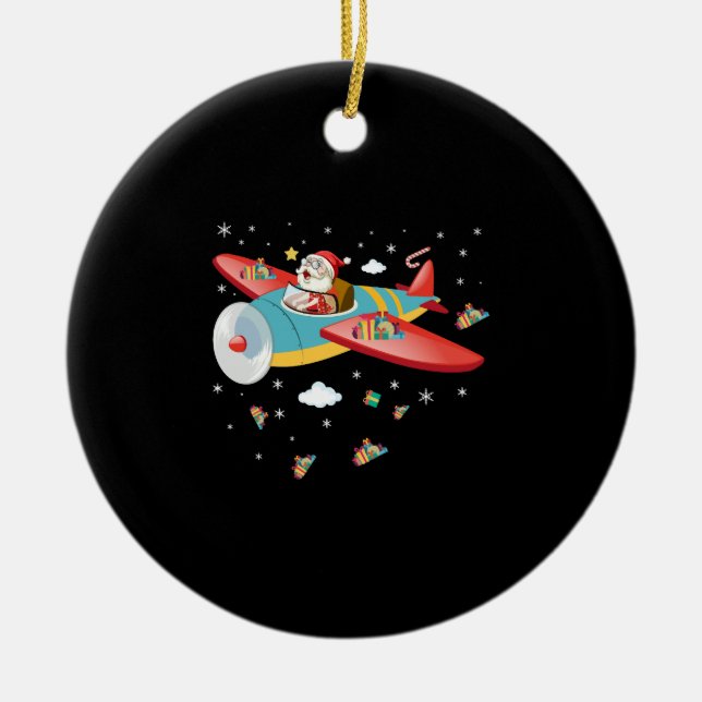 Christmas Santa Claus Pilot Flying Airplane Boys G Ceramic Ornament (Front)
