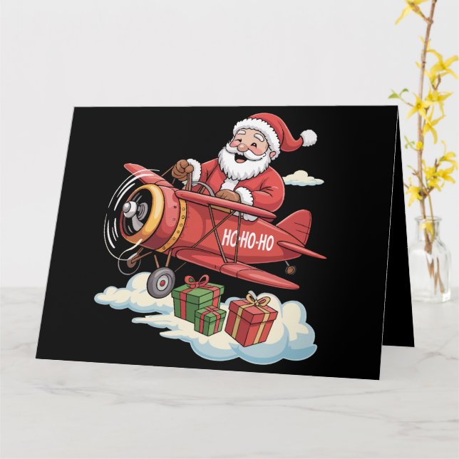 Christmas Santa Claus Pilot Flying Airplane Gift Card (Yellow Flower)