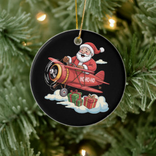 Christmas Santa Claus Pilot Flying Airplane Gift Ceramic Ornament