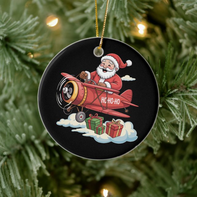 Christmas Santa Claus Pilot Flying Airplane Gift Ceramic Ornament (Tree)