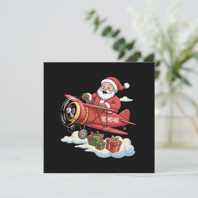 Christmas Santa Claus Pilot Flying Airplane Gift Holiday Card (Standing Front)