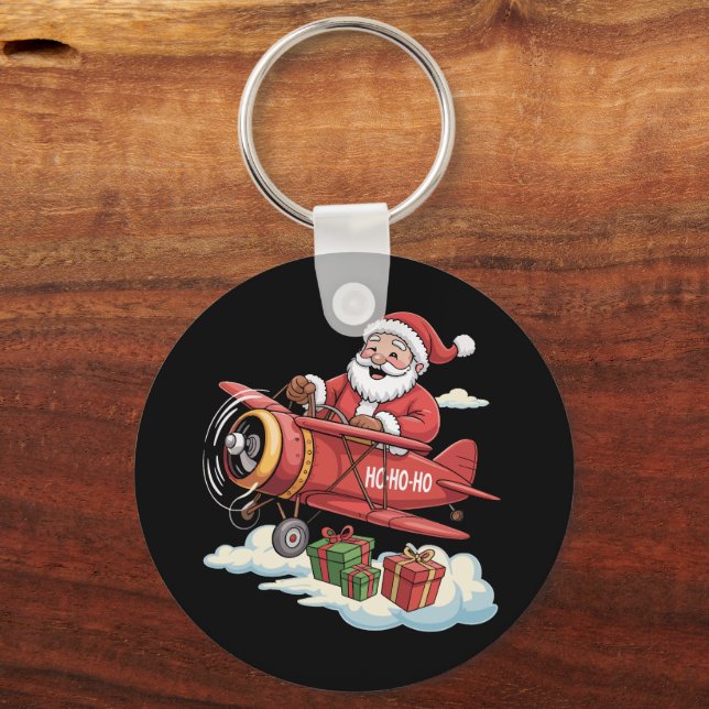 Christmas Santa Claus Pilot Flying Airplane Gift Keychain (Front)