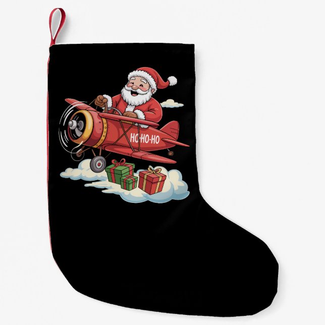 Christmas Santa Claus Pilot Flying Airplane Gift Small Christmas Stocking (Front)