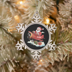 Christmas Santa Claus Pilot Flying Airplane Gift Snowflake Pewter Christmas Ornament