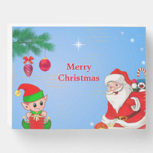 Christmas Santa Claus, Pine, Cute Elf & Stars Wooden Box Sign