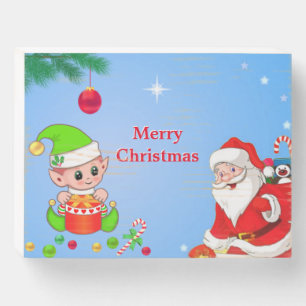 Christmas Santa Claus, Pine, Cute Elf & Stars Wooden Box Sign