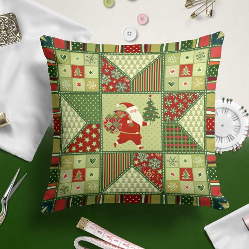 Christmas Santa Claus Quilt II  Throw Pillow