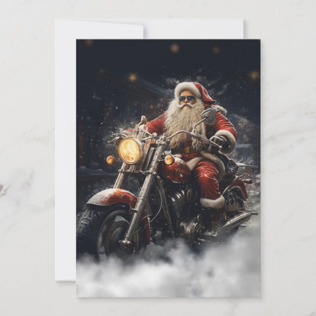 Christmas Santa Claus riding a motorcycle Holiday Card (Front)