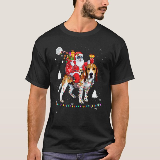 Christmas Santa Claus Riding Beagles Lights Xmas H T-Shirt (Front)