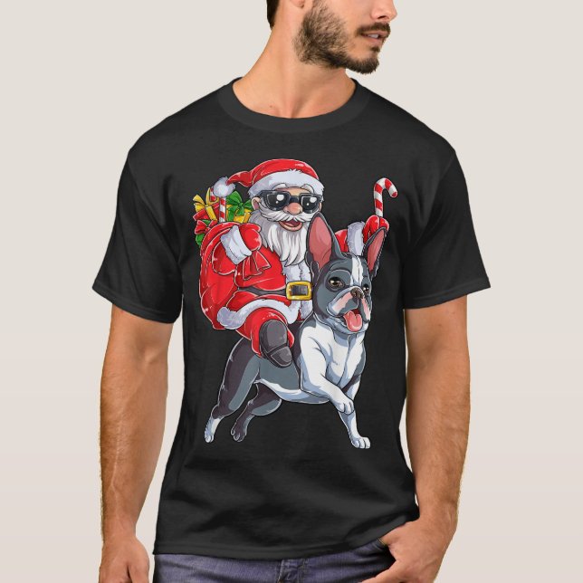 Christmas Santa Claus Riding Boston Terrier Xmas B T-Shirt (Front)