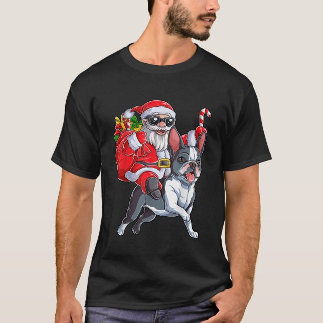 Christmas Santa Claus Riding Boston Terrier Xmas B T-Shirt (Front)