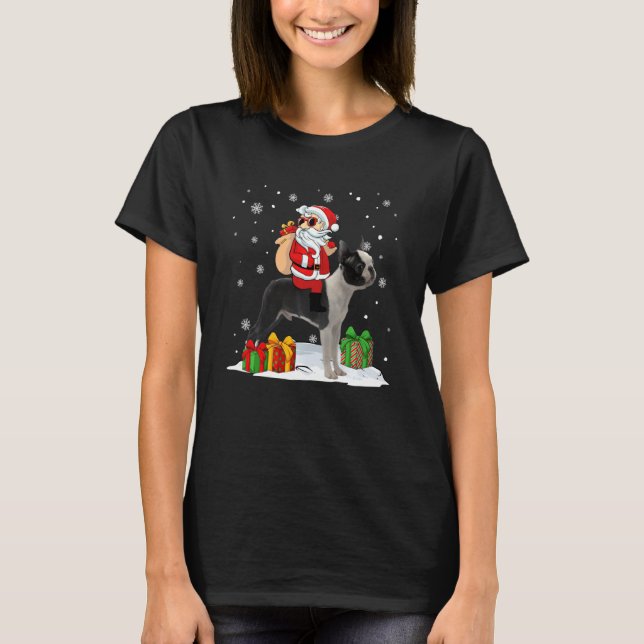 Christmas Santa Claus Riding Boston Terrier Xmas H T-Shirt (Front)