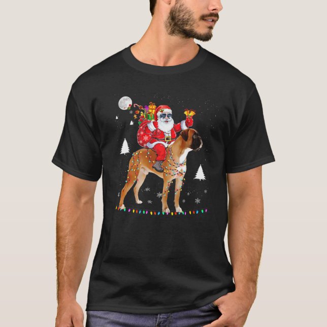 Christmas Santa Claus Riding Boxer Dog Lights Xmas T-Shirt (Front)