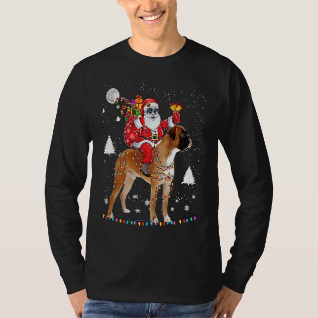 Christmas Santa Claus Riding Boxer Dog Lights Xmas T-Shirt (Front)