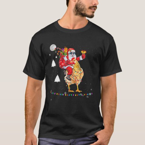 Christmas Santa Claus Riding Chicken Lights Xmas H T_Shirt