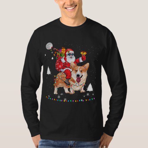 Christmas Santa Claus Riding Corgi Dog Lights Xmas T_Shirt
