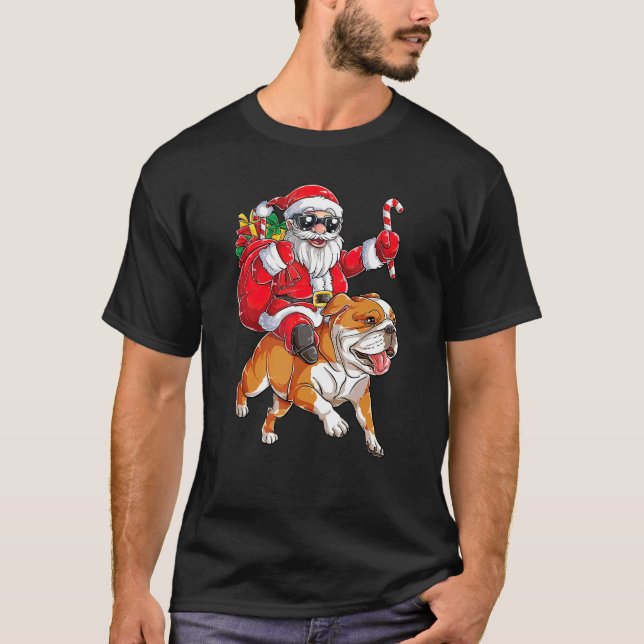 Christmas Santa Claus Riding English Bulldog Merry T-Shirt (Front)
