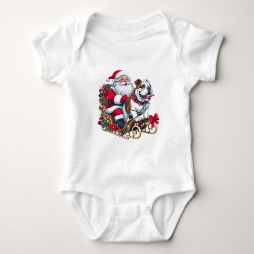 Christmas Santa Claus Riding English Bulldog Xmas  Baby Bodysuit