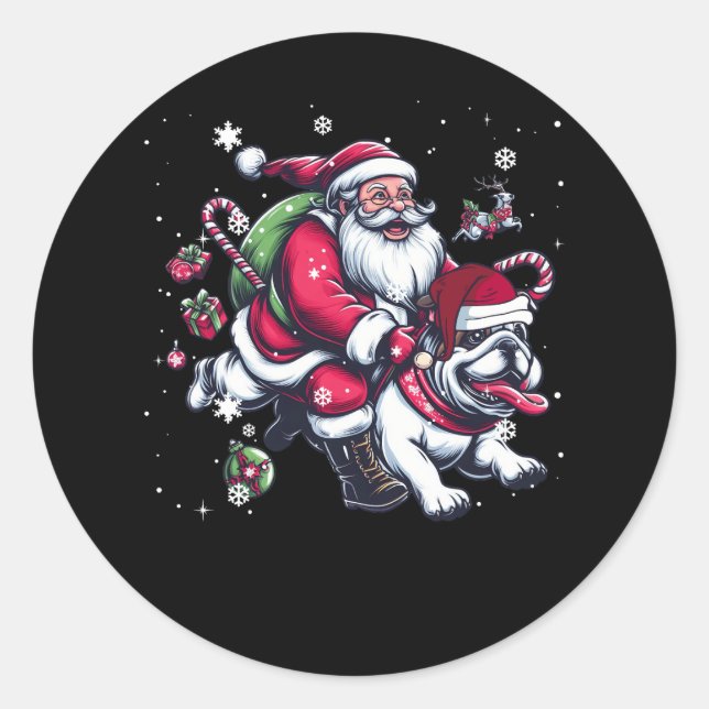 Christmas Santa Claus Riding English Bulldog Xmas  Classic Round Sticker (Front)