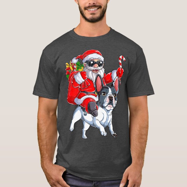 Christmas Santa Claus Riding French Bulldog Xmas T-Shirt (Front)