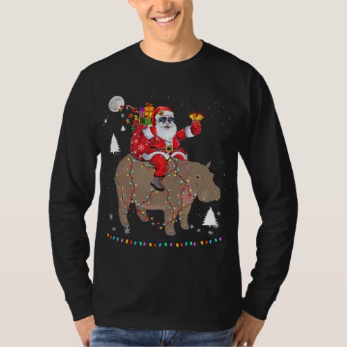 Christmas Santa Claus Riding Hippo Lights Xmas Hol T_Shirt