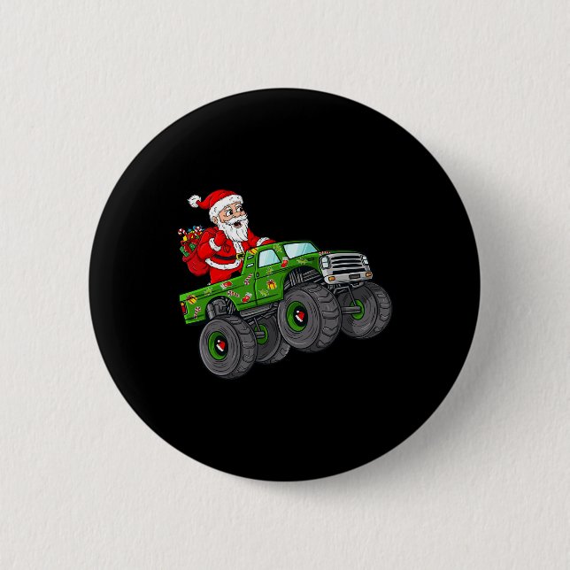 Christmas Santa Claus Riding In Monster Truck Boys Button (Front)