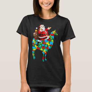 Christmas Santa Claus Riding Llama Autism Insert F T-Shirt