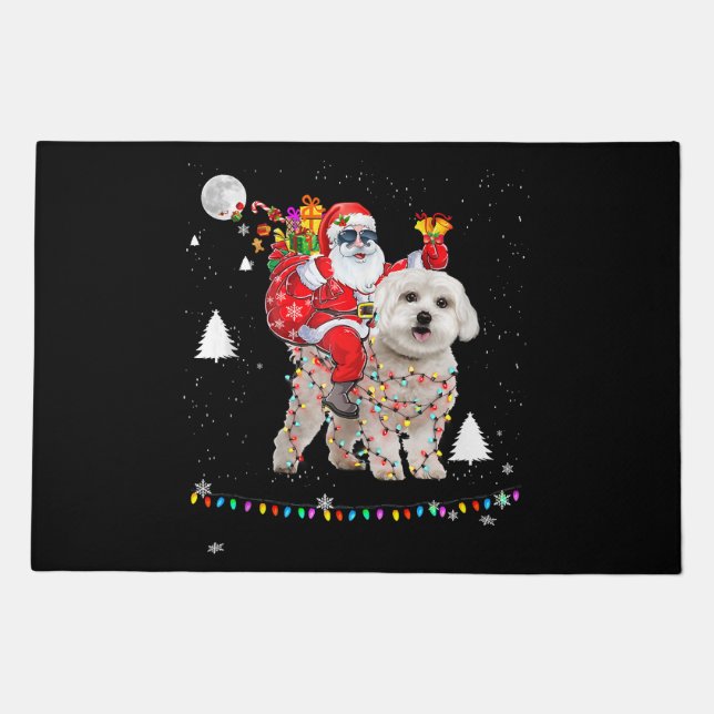 Christmas Santa Claus Riding Maltese Dog Lights Xm Doormat (Front)