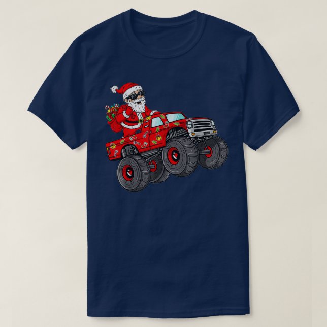 Christmas Santa Claus Riding Monster Truck Boys T-Shirt (Design Front)