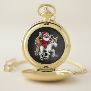 Christmas Santa Claus Riding Unicorn - Xmas Girls Pocket Watch