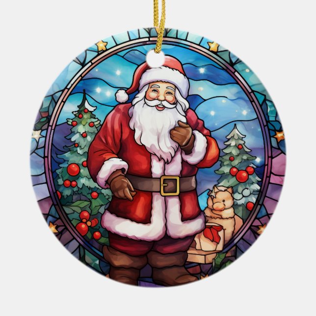 Christmas Santa Claus stained glass style Ceramic Ornament (Front)