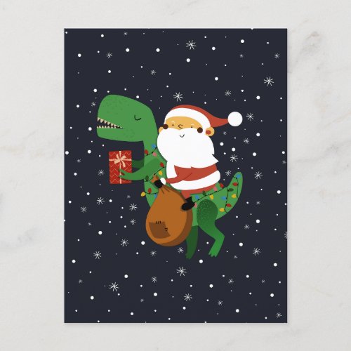 Christmas Santa Claus T_rex Dinosaur Sleigh Announcement Postcard